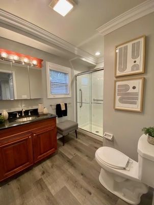 Bathroom, Glass Shower, Interior, Recessed Lighting, Wood Texture Flooring