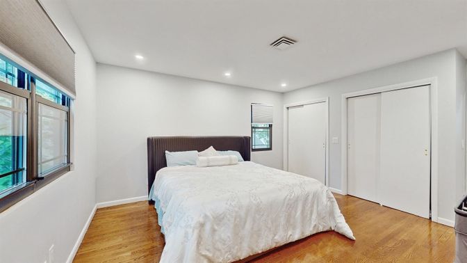 Bedroom, Interior, Recessed Lighting, Wood Texture Flooring