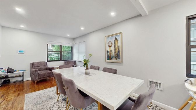 Dining room, Interior, Recessed Lighting, Wood Texture Flooring