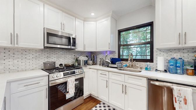 Interior, Kitchen, Recessed Lighting, Stainless Steel Appliances, Wood Texture Flooring