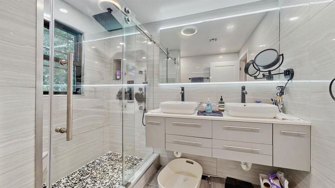 Bathroom, Dual Sink Vanities, Glass Shower, Interior, Recessed Lighting