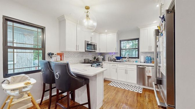Interior, Kitchen, Pendant Lights, Recessed Lighting, Stainless Steel Appliances, Wood Texture Flooring