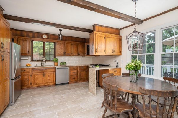 Dining room, Interior, Kitchen, Pendant Lights, Stainless Steel Appliances, Wooden Beams