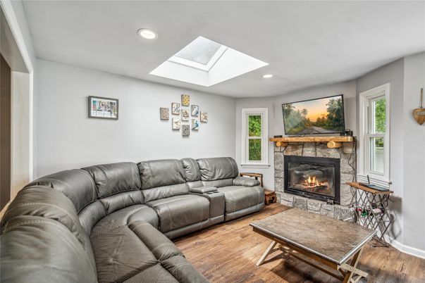 Fireplace, Interior, Living room, Recessed Lighting, Wood Texture Flooring