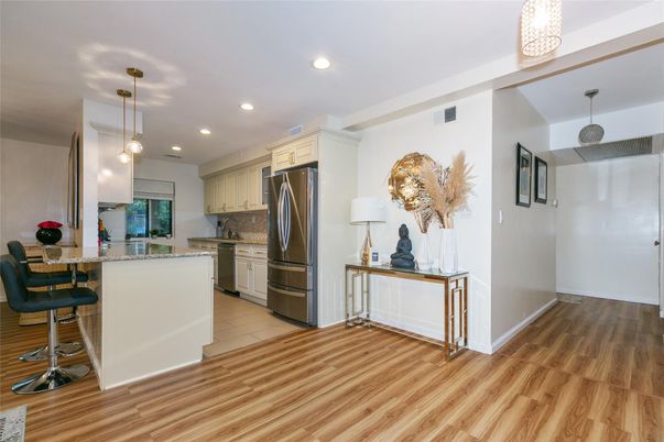Interior, Kitchen, Pendant Lights, Recessed Lighting, Stainless Steel Appliances, Wood Texture Flooring