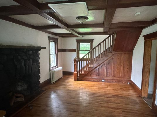 Empty room, Fireplace, Interior, Wooden Beams, Wood Texture Flooring