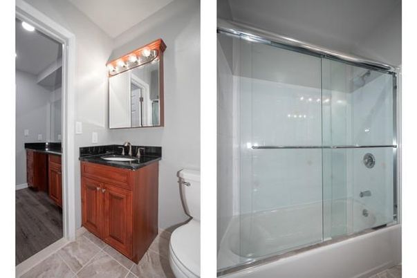 Bathroom, Glass Shower, Interior, Wood Texture Flooring