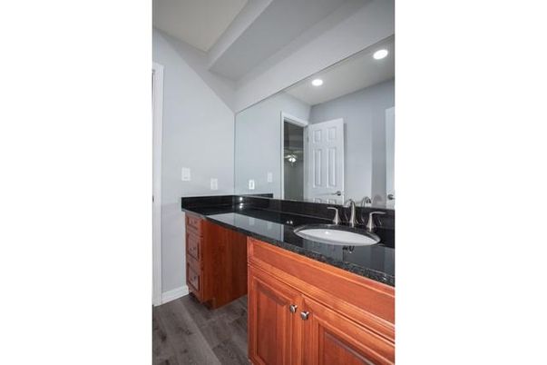 Bathroom, Dual Sink Vanities, Interior, Recessed Lighting, Wood Texture Flooring