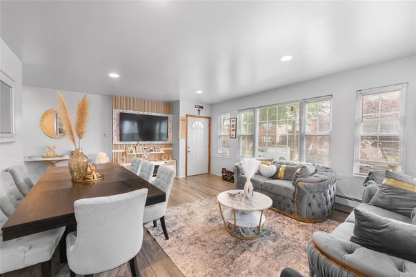 Dining room, Interior, Living room, Recessed Lighting, Wood Texture Flooring