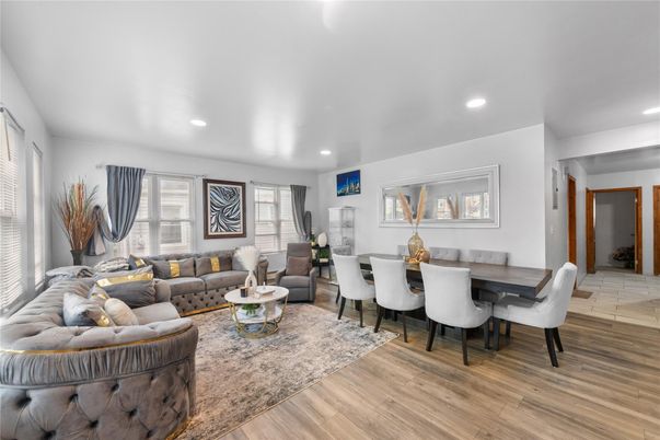 Dining room, Interior, Living room, Recessed Lighting, Wood Texture Flooring