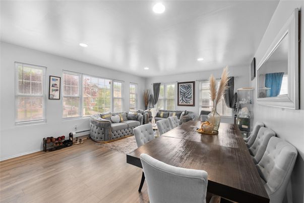 Dining room, Interior, Living room, Recessed Lighting, Wood Texture Flooring