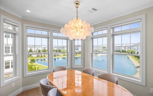 Chandelier, Dining room, Interior, Recessed Lighting, Water, Wood Texture Flooring