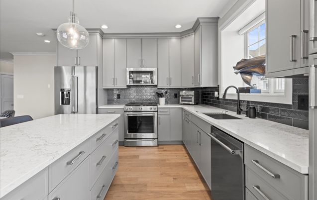 Interior, Kitchen, Pendant Lights, Recessed Lighting, Stainless Steel Appliances, Wood Texture Flooring