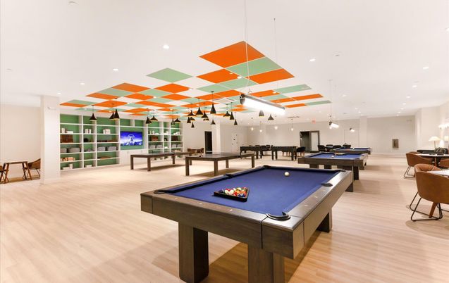 Billiard Table, Game Room, Interior, Pendant Lights, Recessed Lighting, Wood Texture Flooring