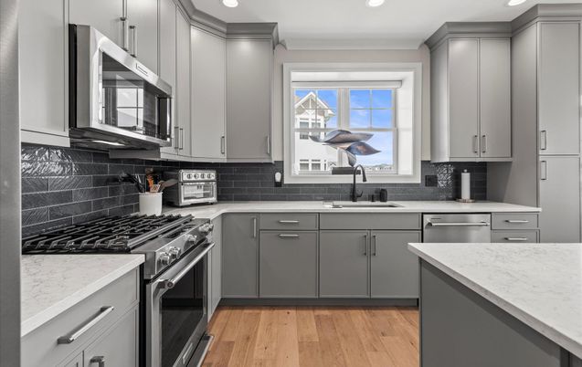 Interior, Kitchen, Recessed Lighting, Stainless Steel Appliances, Wood Texture Flooring