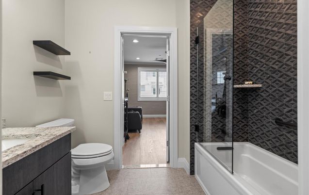 Bathroom, Glass Shower, Interior, Recessed Lighting, Wood Texture Flooring