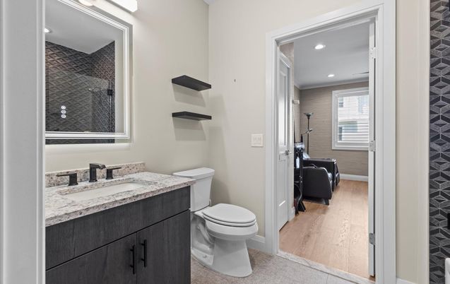Bathroom, Interior, Recessed Lighting, Wood Texture Flooring