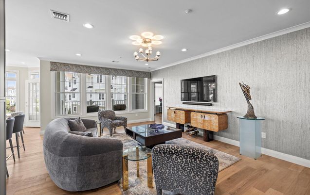 Chandelier, Interior, Living room, Recessed Lighting, Wood Texture Flooring