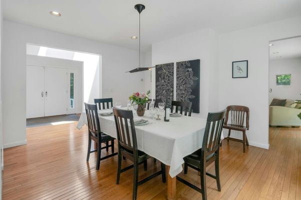 Dining room, Interior, Pendant Lights, Recessed Lighting, Wood Texture Flooring