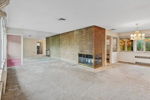Chandelier, Empty room, Fireplace, Interior, Stone Walls
