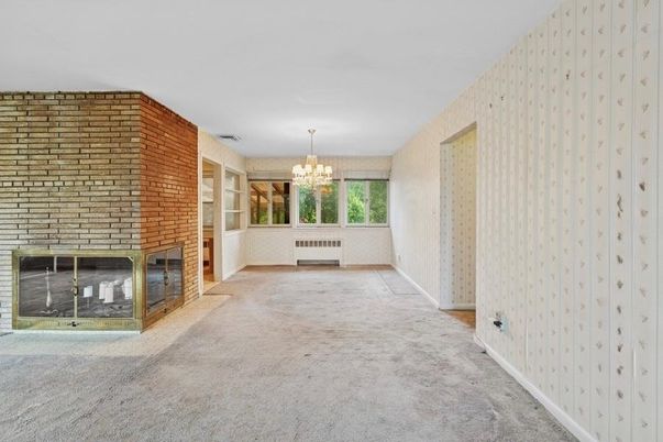 Chandelier, Empty room, Fireplace, Interior, Stone Walls