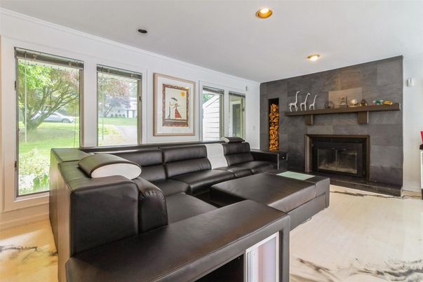 Fireplace, Interior, Living room, Recessed Lighting, Wood Texture Flooring