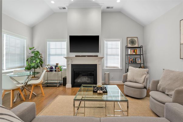 Fireplace, Interior, Living room, Recessed Lighting, Wood Texture Flooring