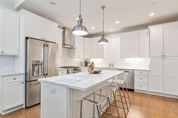 Interior, Kitchen, Pendant Lights, Recessed Lighting, Stainless Steel Appliances, Wood Texture Flooring