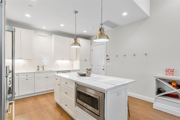 Interior, Kitchen, Pendant Lights, Recessed Lighting, Stainless Steel Appliances, Wood Texture Flooring