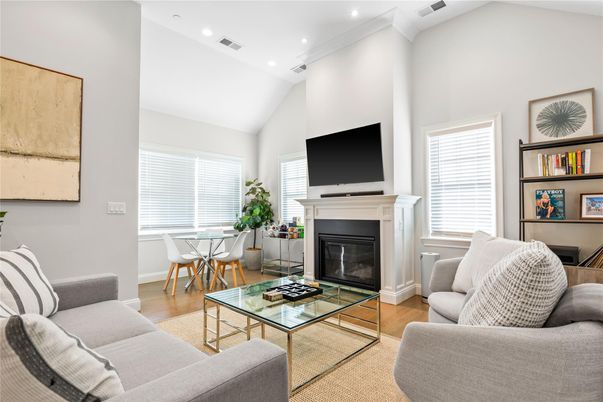Dining room, Fireplace, Interior, Living room, Recessed Lighting, Wood Texture Flooring