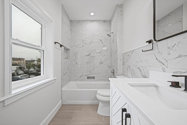 Bathroom, Dual Sink Vanities, Interior, Marble Walls, Recessed Lighting