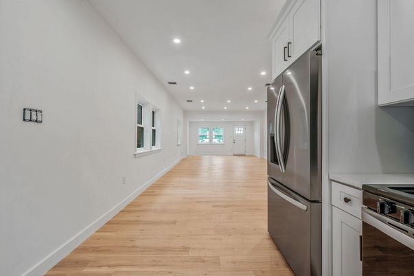 Interior, Kitchen, Recessed Lighting, Stainless Steel Appliances, Wood Texture Flooring