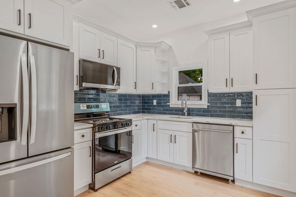 Interior, Kitchen, Recessed Lighting, Stainless Steel Appliances, Wood Texture Flooring