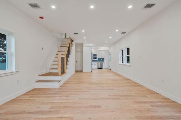 Empty room, Interior, Kitchen, Recessed Lighting, Wood Texture Flooring
