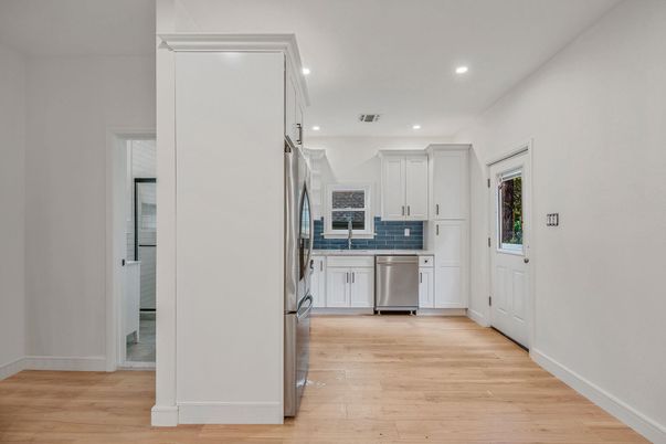 Interior, Kitchen, Recessed Lighting, Stainless Steel Appliances, Wood Texture Flooring