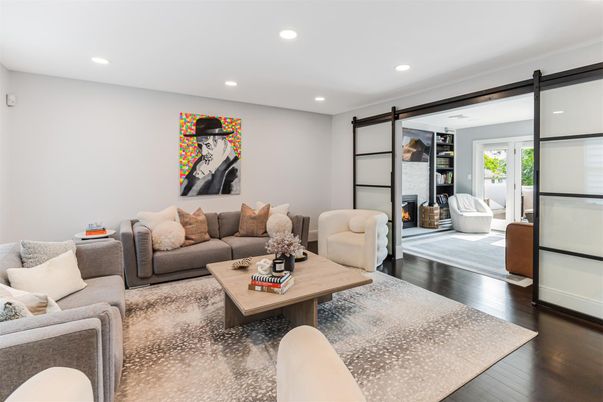 Fireplace, Interior, Living room, Recessed Lighting, Wood Texture Flooring