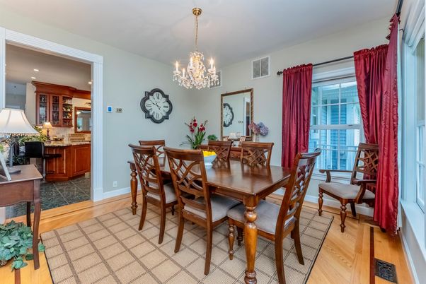 Chandelier, Dining room, Interior, Recessed Lighting, Wood Texture Flooring