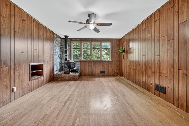 Empty room, Fireplace, Interior, Wood Texture Flooring, Wooden Walls