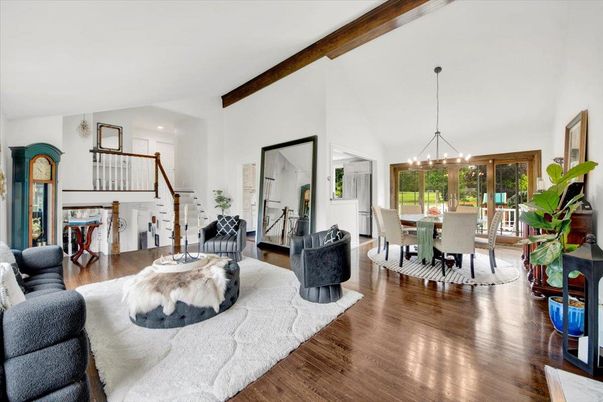 Chandelier, Dining room, Interior, Pendant Lights, Wooden Beams, Wood Texture Flooring