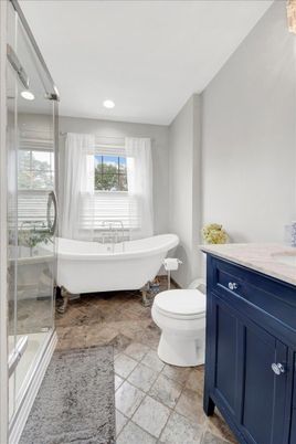 Bathroom, Free Standing Baths, Glass Shower, Interior, Recessed Lighting