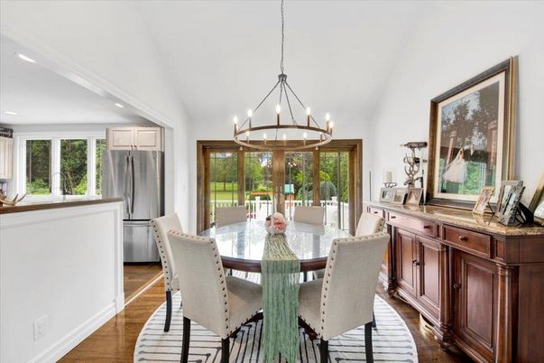 Chandelier, Dining room, Interior, Kitchen, Pendant Lights, Recessed Lighting, Wood Texture Flooring