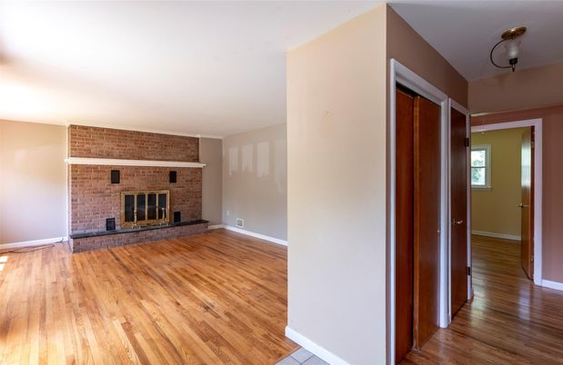 Empty room, Fireplace, Interior, Stone Walls, Wood Texture Flooring