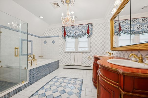Bathroom, Chandelier, Glass Shower, Interior, Recessed Lighting