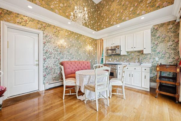 Chandelier, Dining room, Interior, Kitchen, Recessed Lighting, Stainless Steel Appliances, Wood Texture Flooring