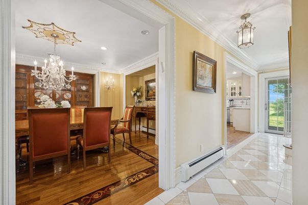 Chandelier, Dining room, Interior, Recessed Lighting, Wood Texture Flooring