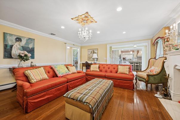 Chandelier, Fireplace, Interior, Living room, Recessed Lighting, Wood Texture Flooring