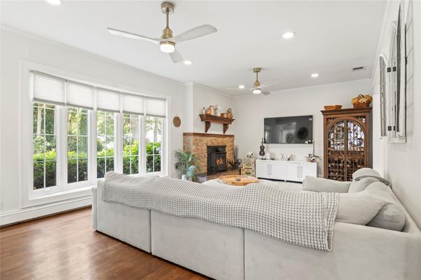 Fireplace, Interior, Living room, Recessed Lighting, Wood Texture Flooring