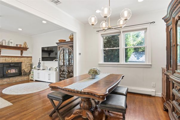 Dining room, Fireplace, Interior, Pendant Lights, Recessed Lighting, Wood Texture Flooring