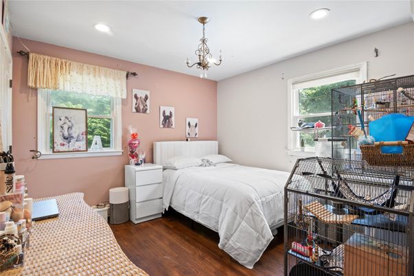 Bedroom, Chandelier, Interior, Recessed Lighting, Wood Texture Flooring