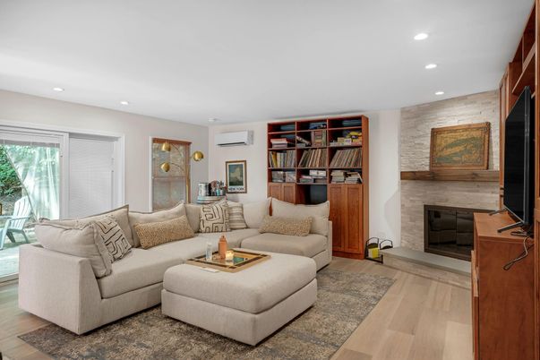 Fireplace, Interior, Living room, Recessed Lighting, Wood Texture Flooring